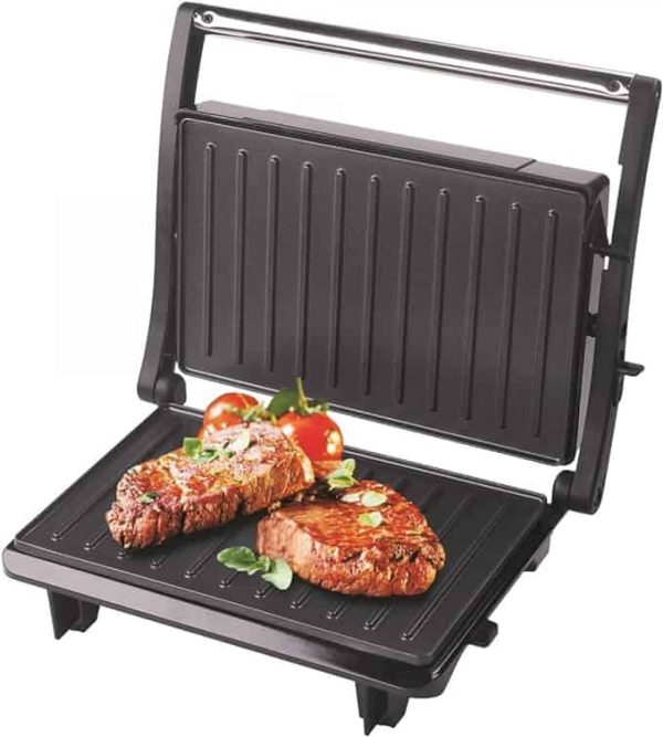 Parrilla Grill eléctrica con placas antiadherente - GRL-12 MINI- Sistema abatible adaptable y apertura 180º. Valida como Sandwichera e ideal para panini – Negro (800W)