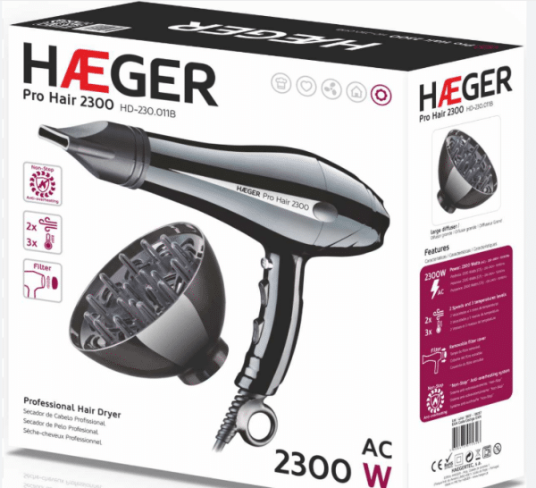 Secador de pelo - HAEGER PRO HAIR, 2300 W, 3 niveles temperatura, 2 velocidades, Difusor incluido, Negro