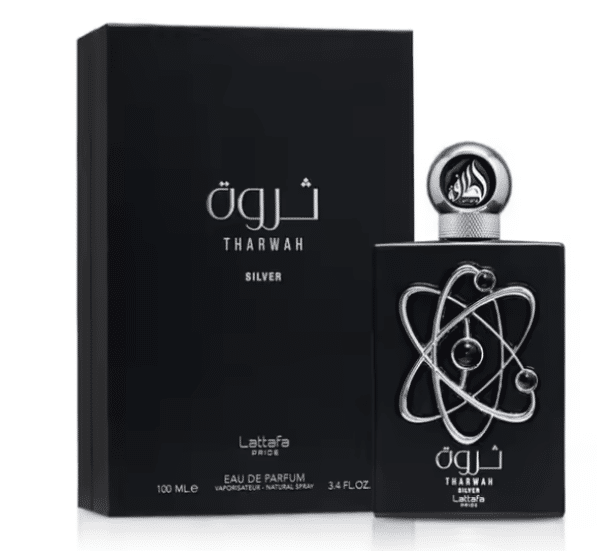Lattafa Tharwah Silver Eau de Parfum 100 ml – Fragancia Masculina Fresca y Amaderada con Notas de Menta, Lavanda y Cedro